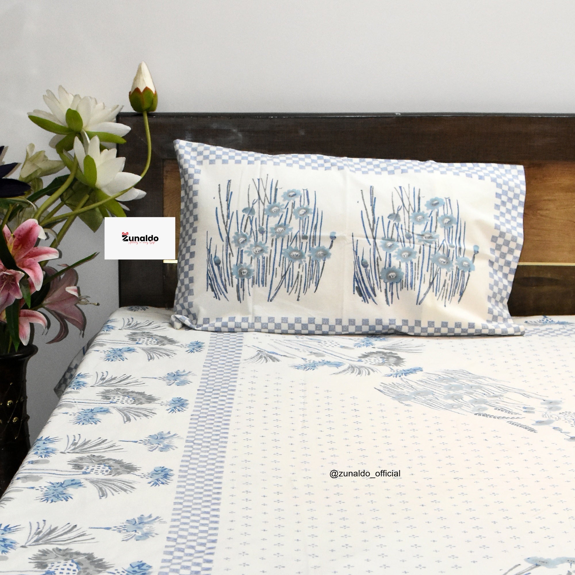 Pure Cotton King Size Bedsheet Set – Blue & White Floral Elegance with Pillow Covers