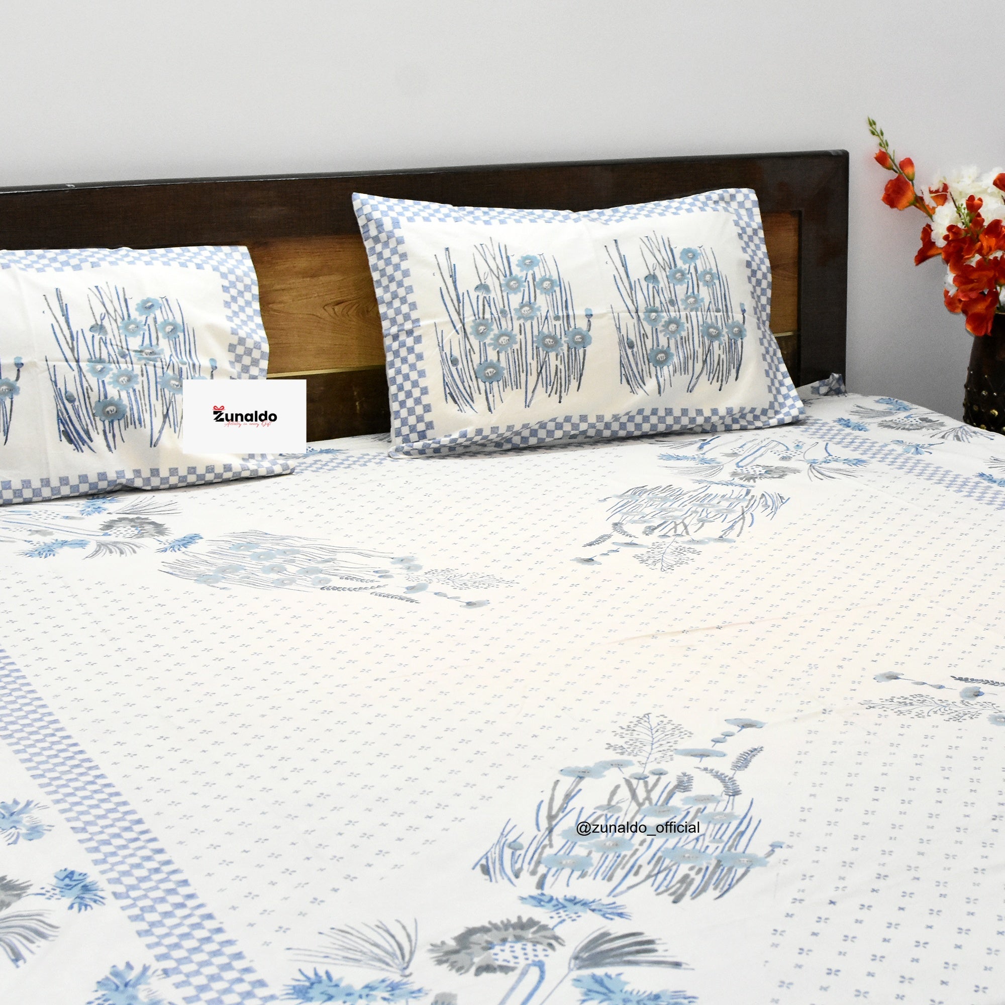 Pure Cotton King Size Bedsheet Set – Blue & White Floral Elegance with Pillow Covers