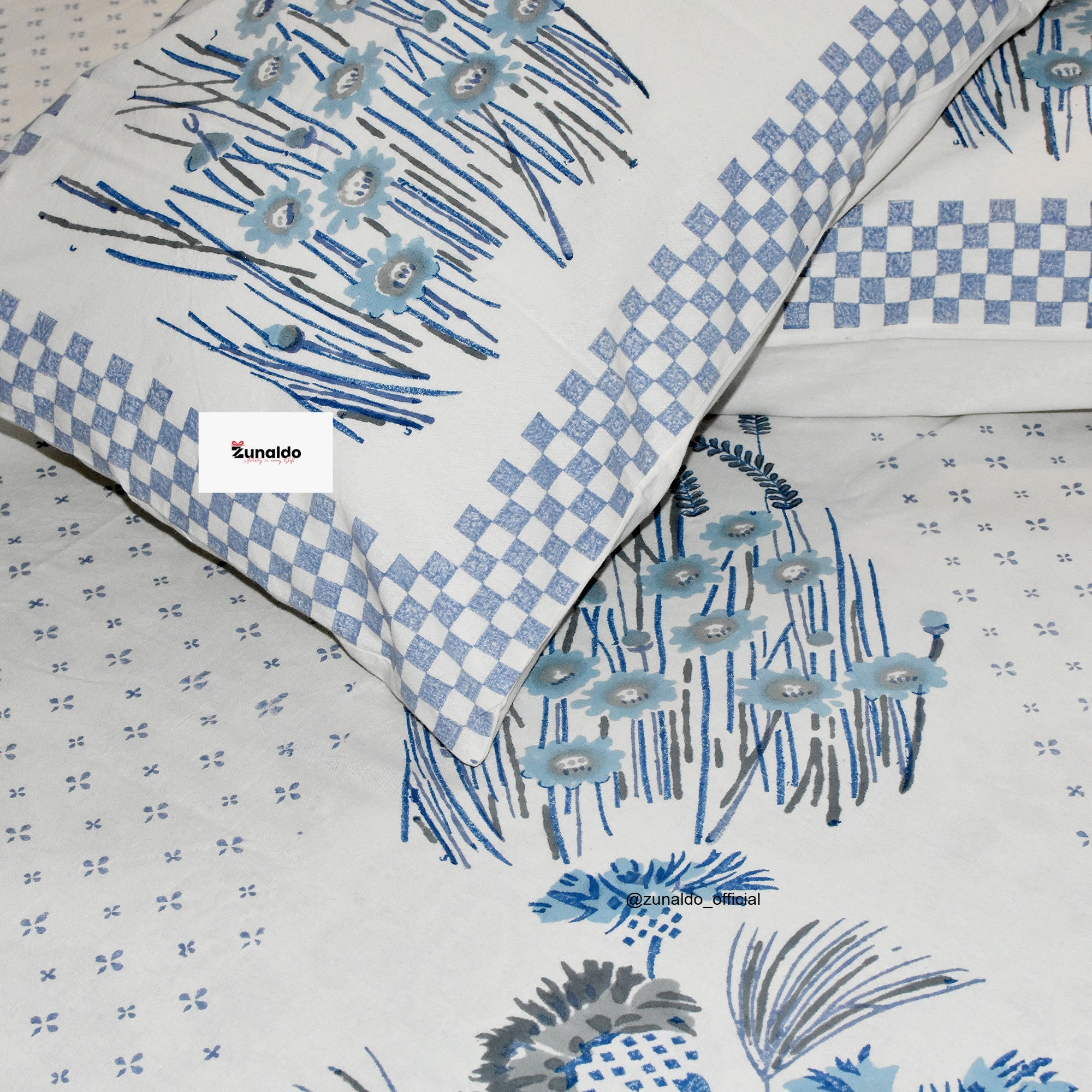 Pure Cotton King Size Bedsheet Set – Blue & White Floral Elegance with Pillow Covers