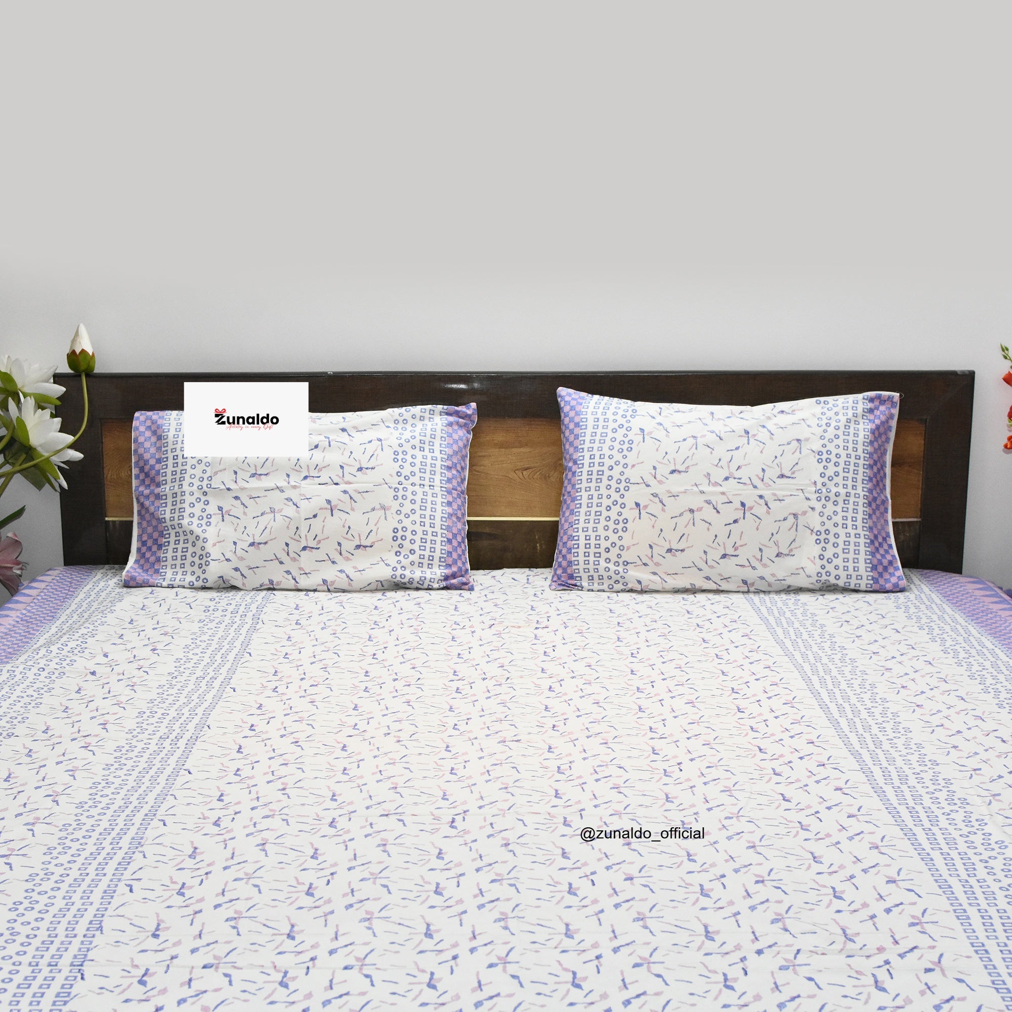 Geometric Floral Print Cotton Bedsheet Set – King Size (90x108 Inch) with 2 Pillow Covers