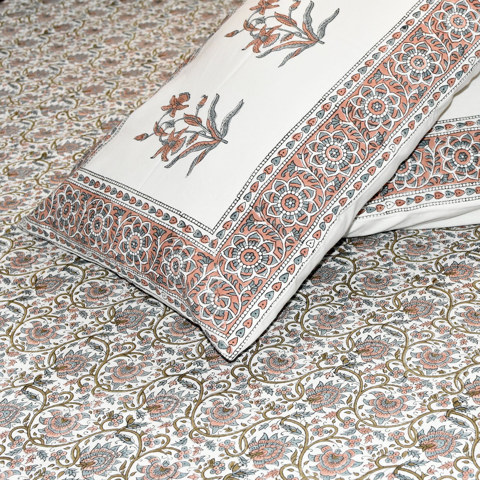 Traditional Floral Hand Block Print Cotton Bedsheet Set – King Size (90x108 Inch) with Pillow Covers