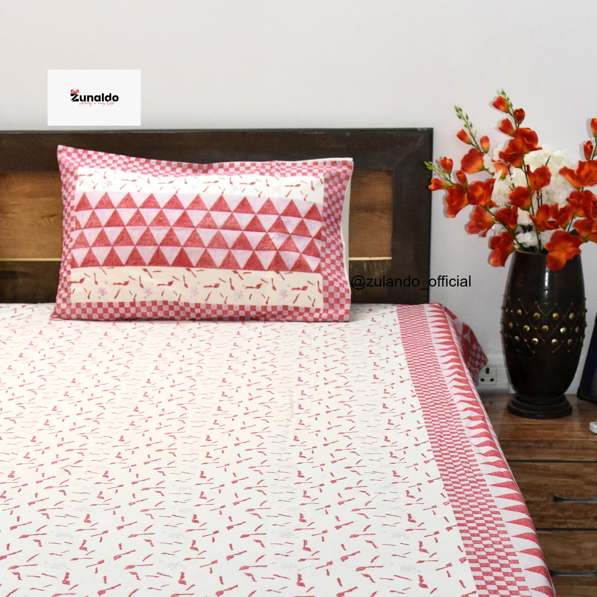 Red Geometric Block Print Cotton Bedsheet – King Size with 2 Pillow Covers