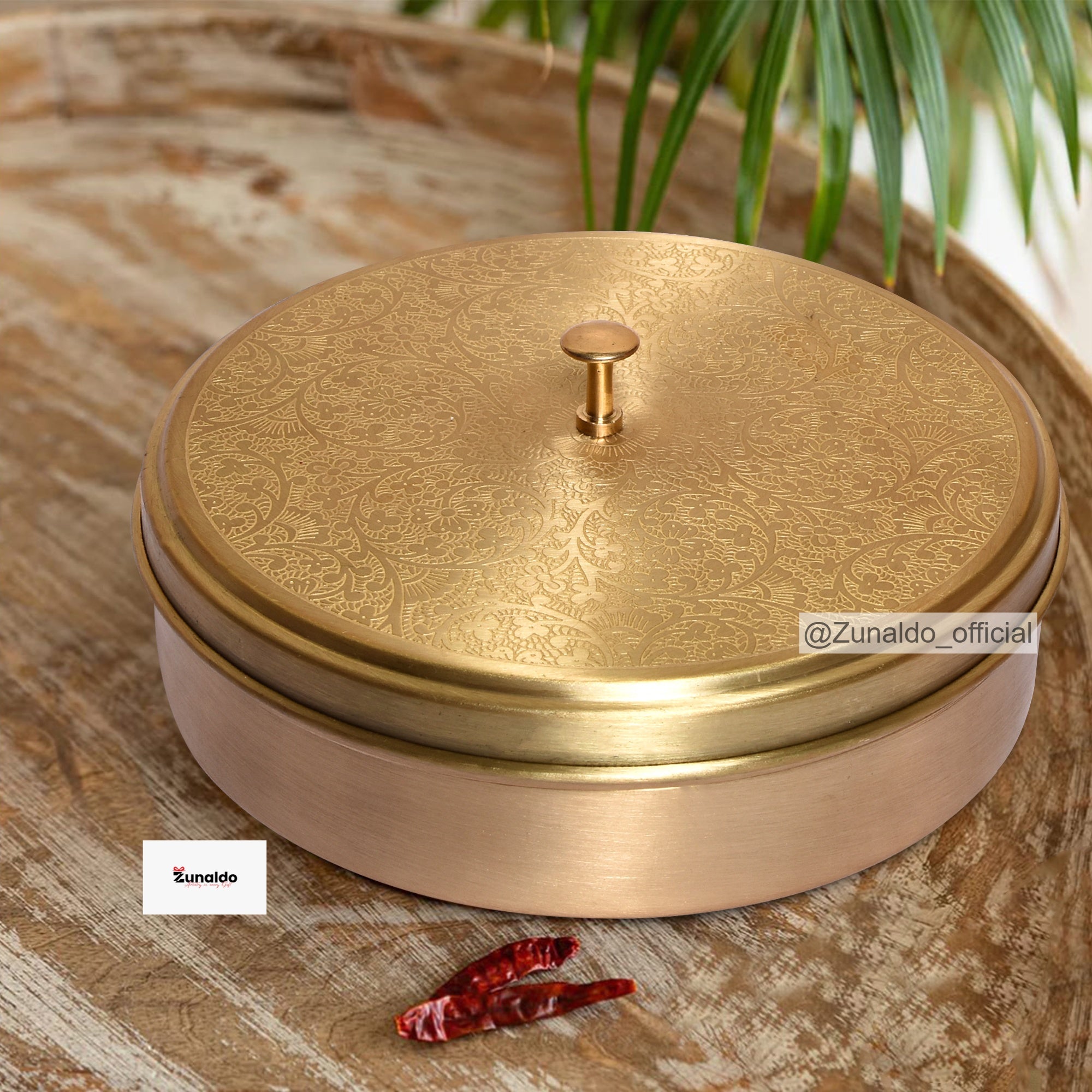 Brass Masaladani with Floral Etching - Circular Design
