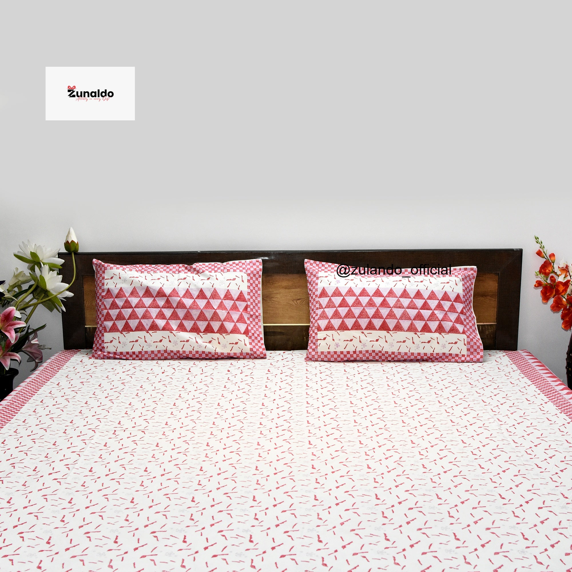 Red Geometric Block Print Cotton Bedsheet – King Size with 2 Pillow Covers