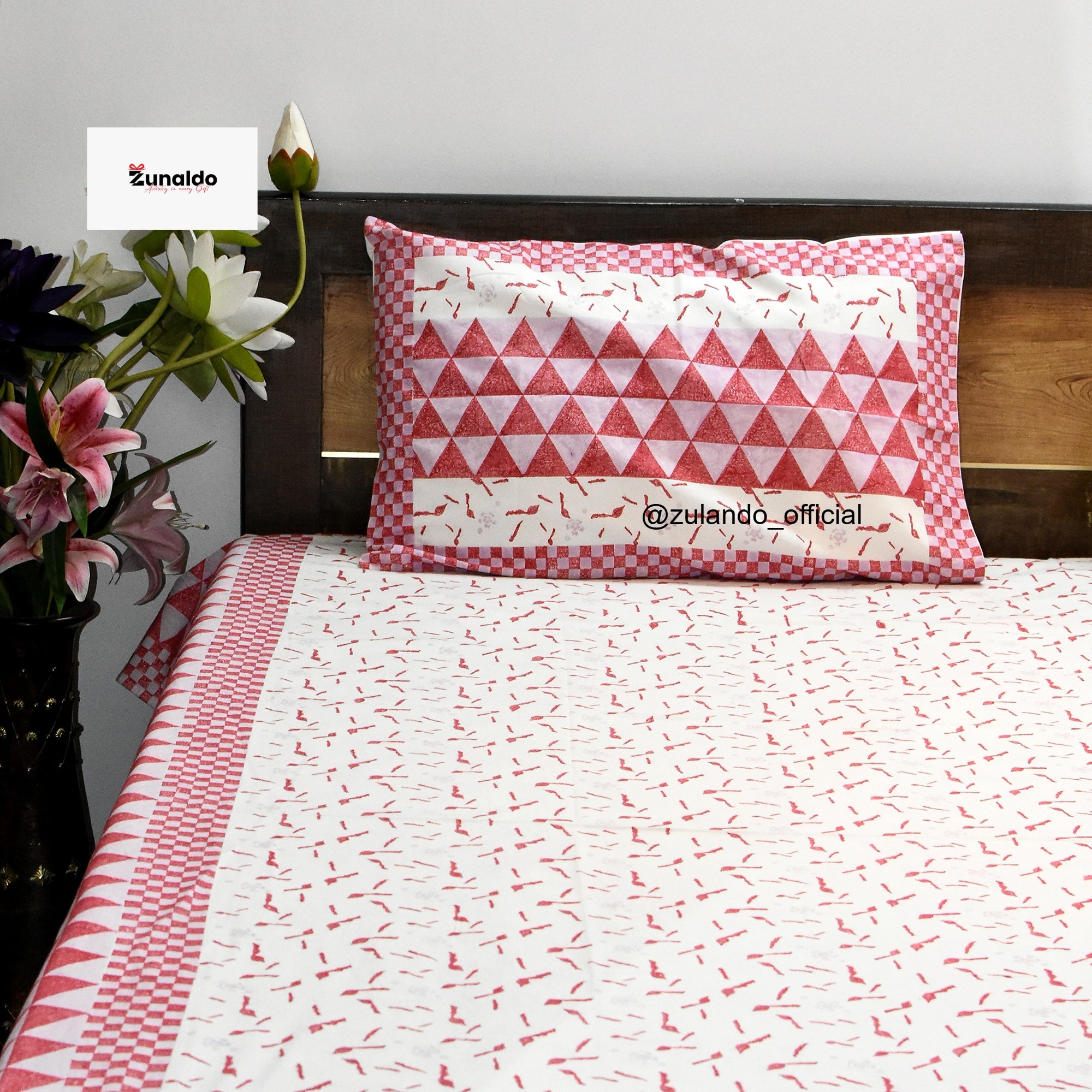 Red Geometric Block Print Cotton Bedsheet – King Size with 2 Pillow Covers