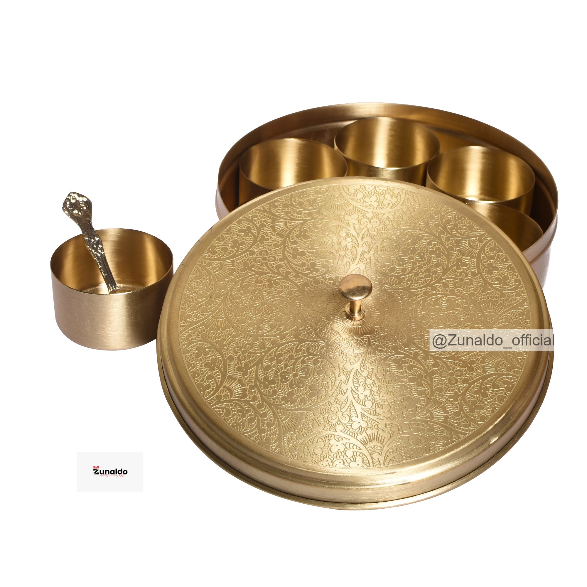 Brass Masaladani with Floral Etching - Circular Design