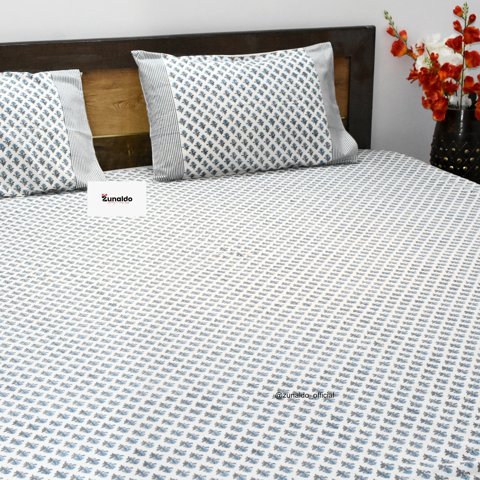 Pure Cotton Hand Block Printed King Size Bedsheet – Blue Floral Booti Design with 2 Pillow Covers (90x108 Inch)