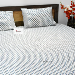 Pure Cotton Hand Block Printed King Size Bedsheet – Blue Floral Booti Design with 2 Pillow Covers (90x108 Inch)