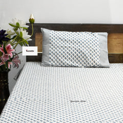 Pure Cotton Hand Block Printed King Size Bedsheet – Blue Floral Booti Design with 2 Pillow Covers (90x108 Inch)