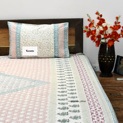 Elegant Multicolor Floral Block Print Cotton Bedsheet – King Size with 2 Pillow Covers