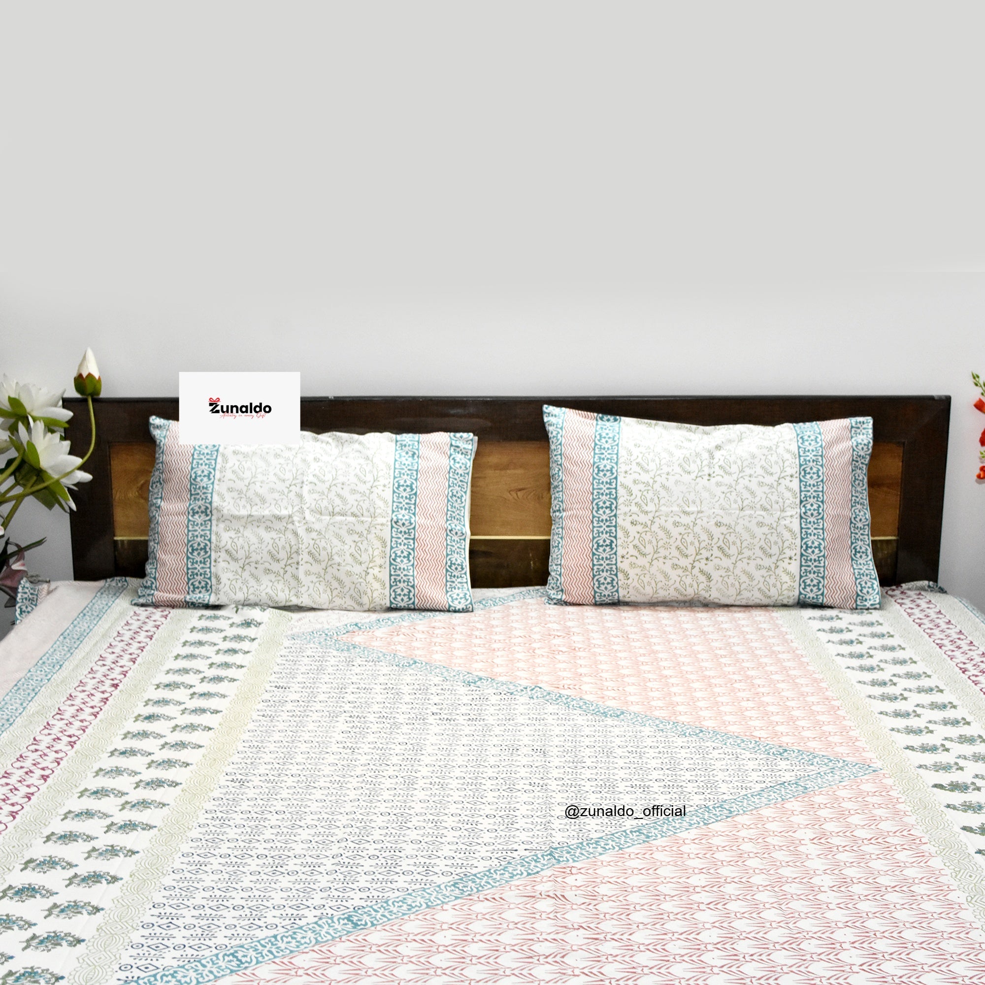 Elegant Multicolor Floral Block Print Cotton Bedsheet – King Size with 2 Pillow Covers