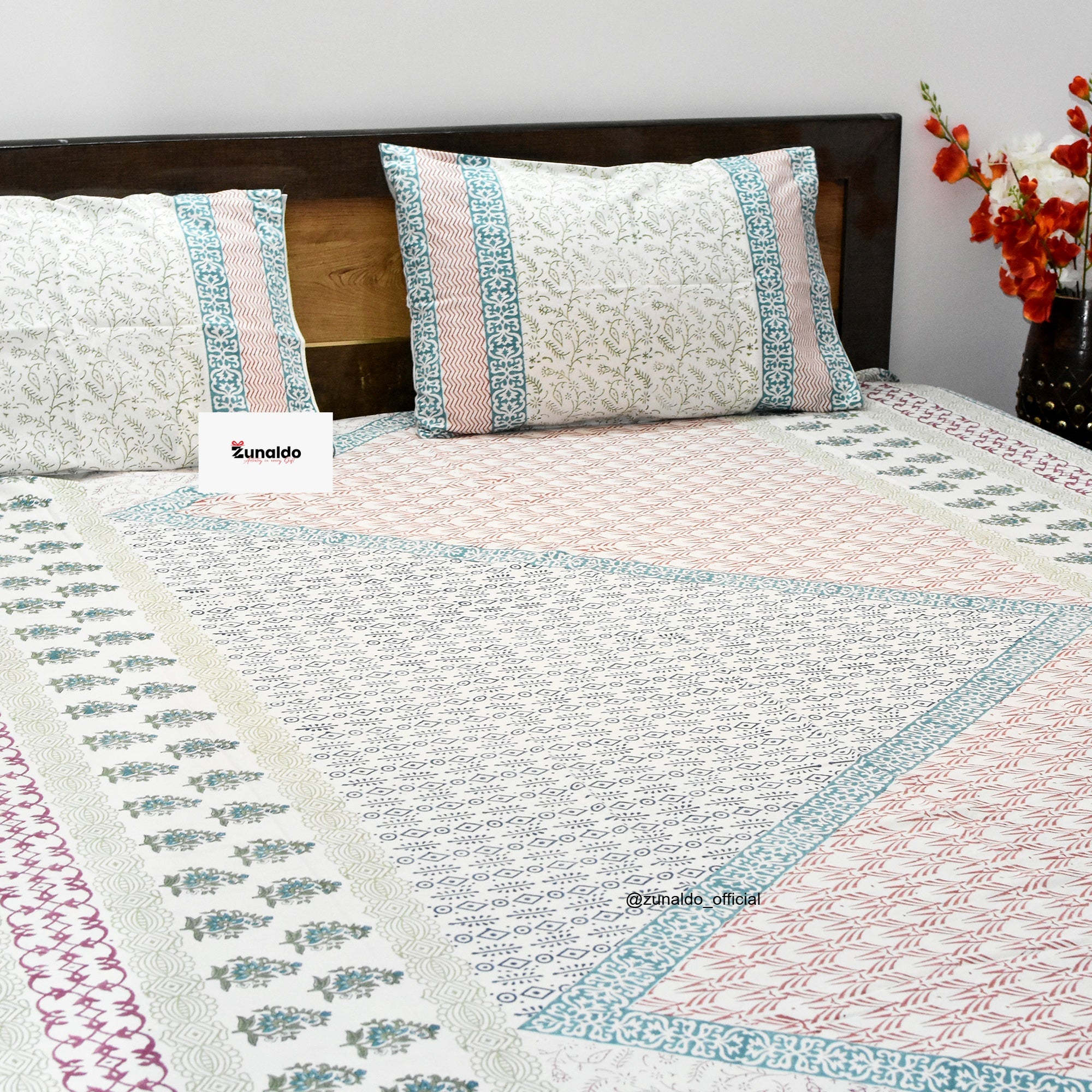 Elegant Multicolor Floral Block Print Cotton Bedsheet – King Size with 2 Pillow Covers