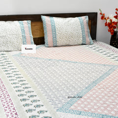 Elegant Multicolor Floral Block Print Cotton Bedsheet – King Size with 2 Pillow Covers