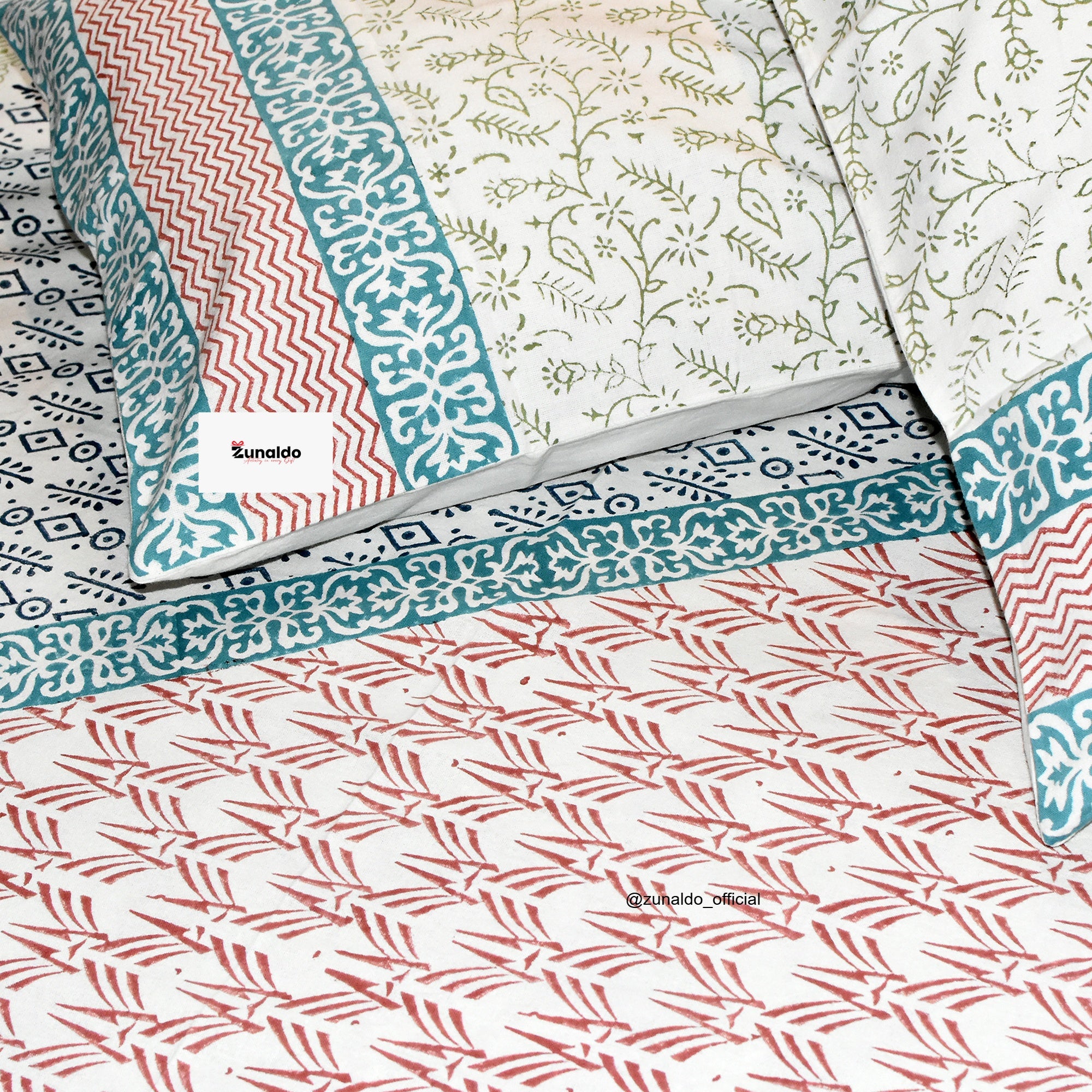 Elegant Multicolor Floral Block Print Cotton Bedsheet – King Size with 2 Pillow Covers