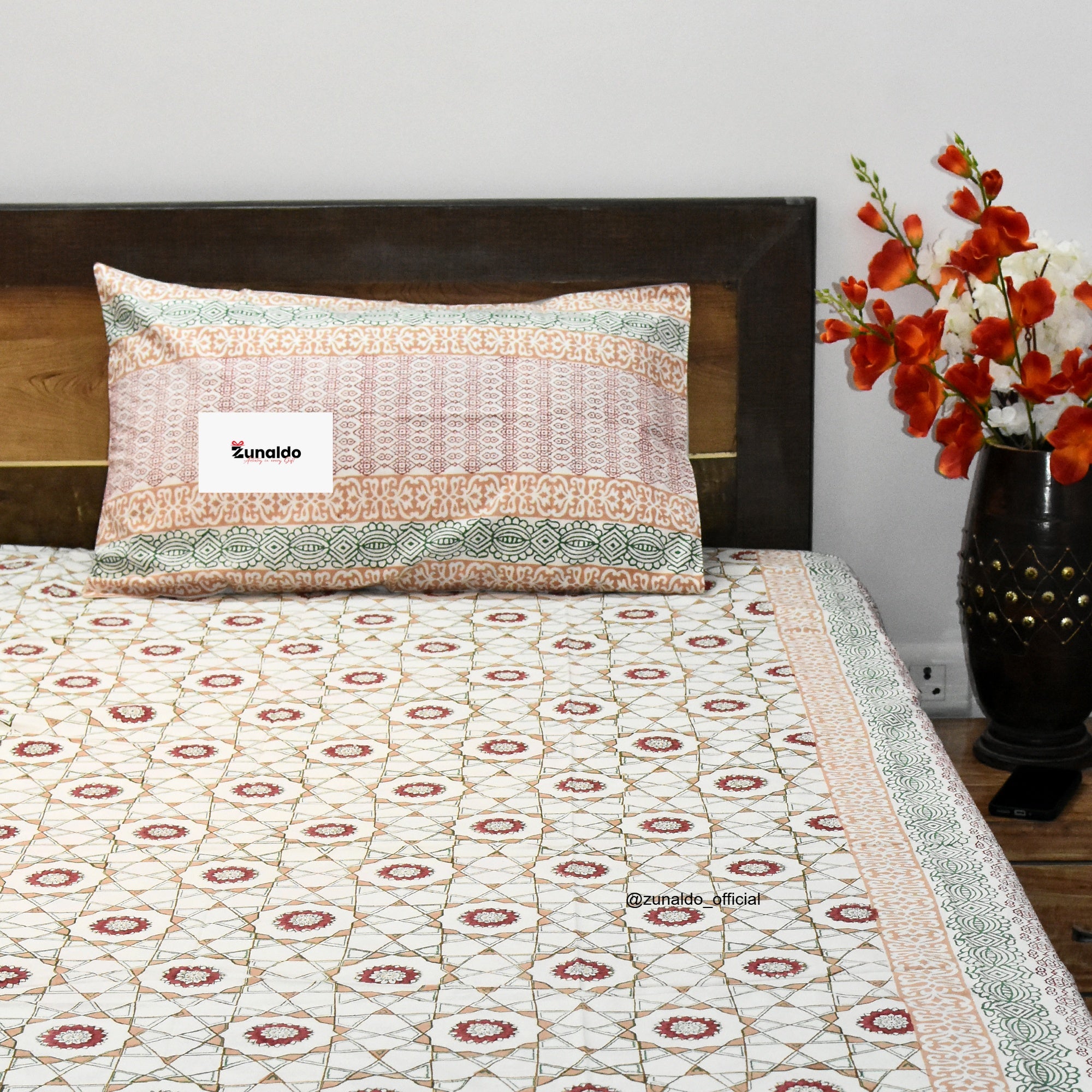 Pure Cotton King Size Bedsheet Set – Peach Green Geometric Floral Block Print