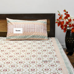 Pure Cotton King Size Bedsheet Set – Peach Green Geometric Floral Block Print