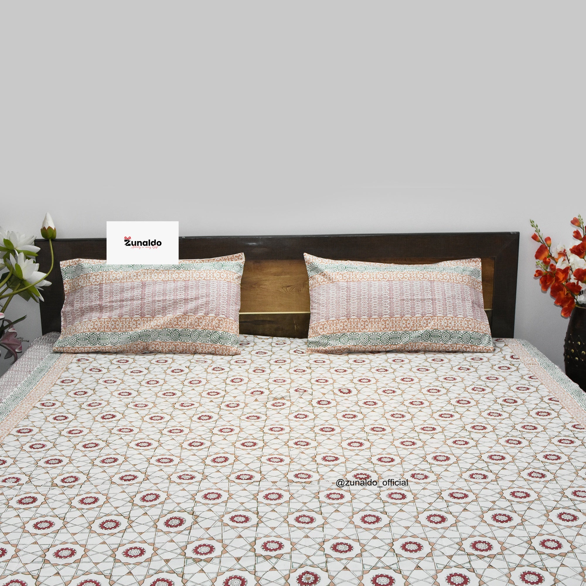 Pure Cotton King Size Bedsheet Set – Peach Green Geometric Floral Block Print