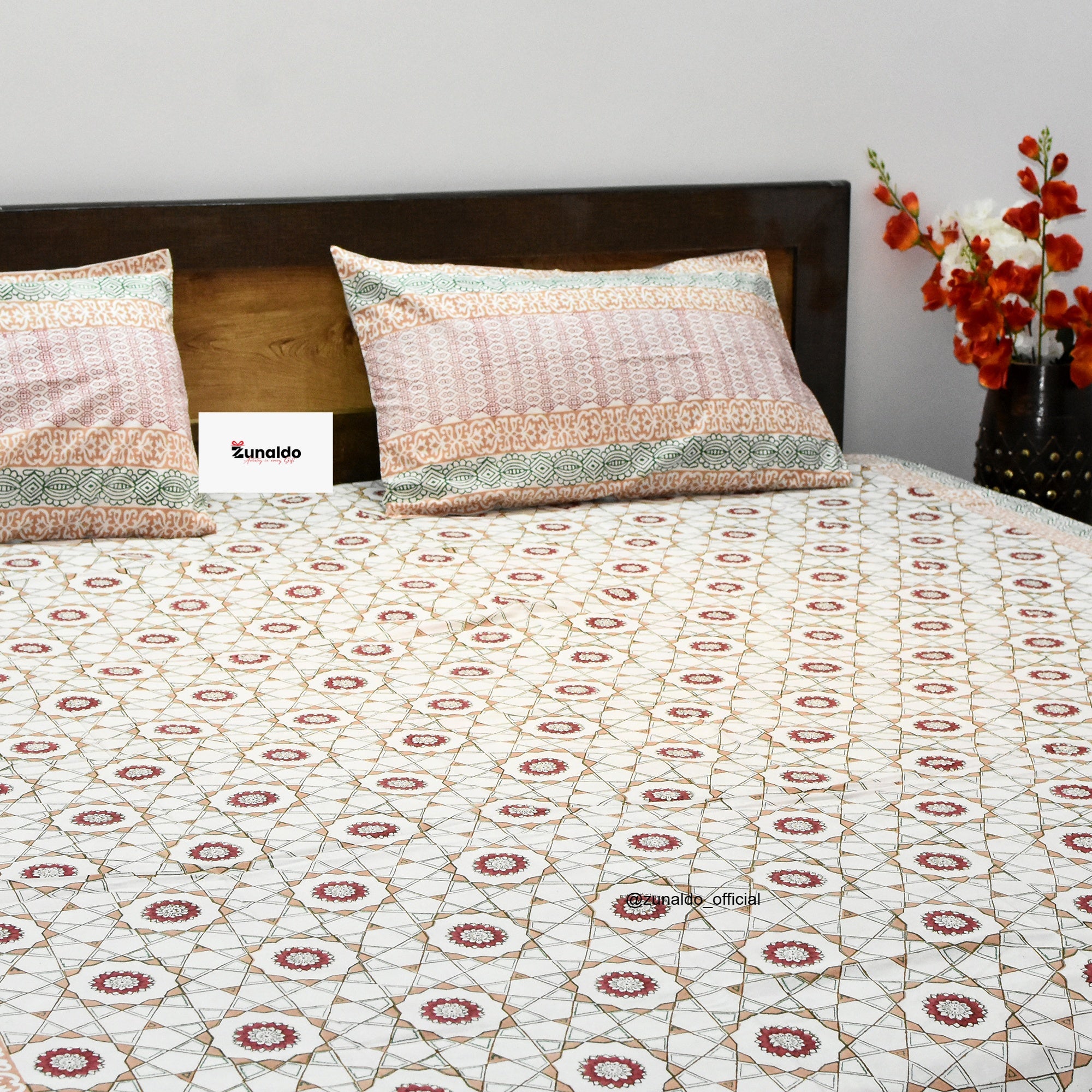Pure Cotton King Size Bedsheet Set – Peach Green Geometric Floral Block Print