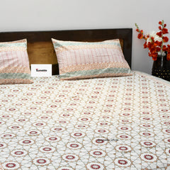 Pure Cotton King Size Bedsheet Set – Peach Green Geometric Floral Block Print