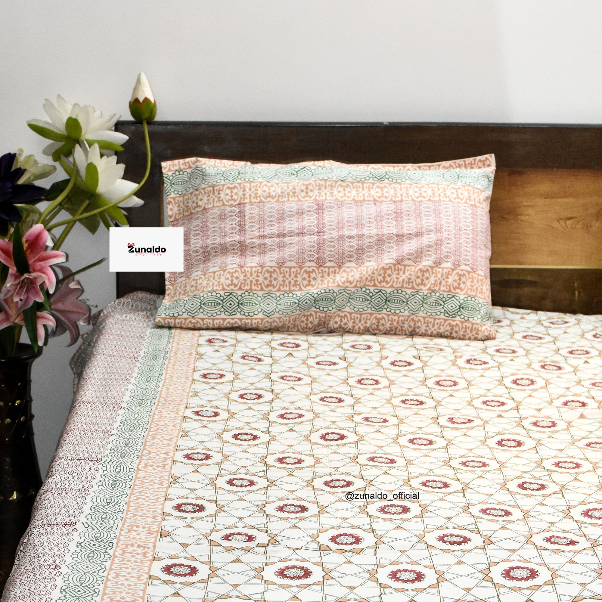 Pure Cotton King Size Bedsheet Set – Peach Green Geometric Floral Block Print