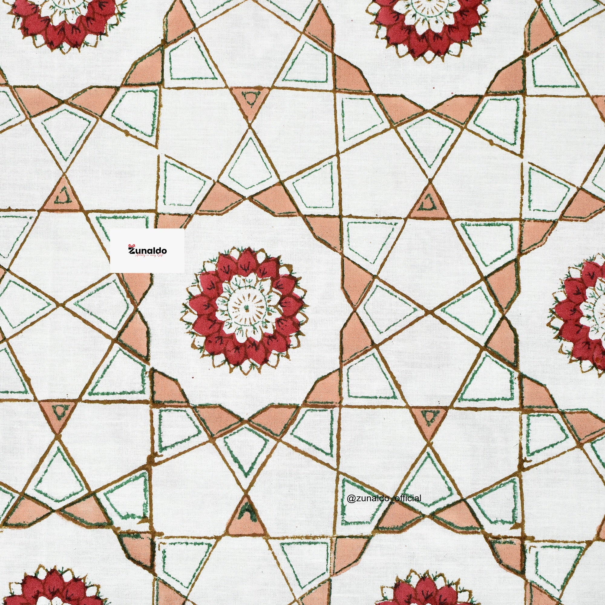 Pure Cotton King Size Bedsheet Set – Peach Green Geometric Floral Block Print