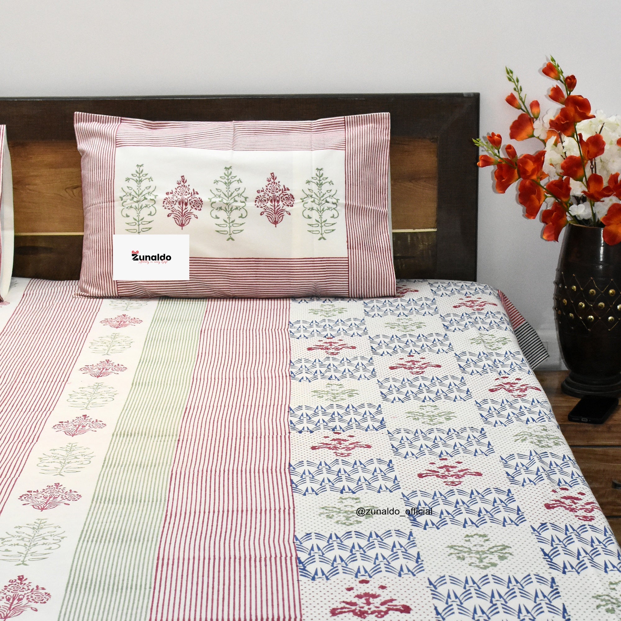 Multicolor Floral Striped Hand Block Cotton Bedsheet Set – King Size (90x108 Inch) with Pillow Covers