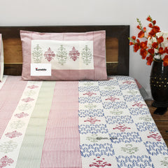 Multicolor Floral Striped Hand Block Cotton Bedsheet Set – King Size (90x108 Inch) with Pillow Covers