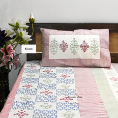Multicolor Floral Striped Hand Block Cotton Bedsheet Set – King Size (90x108 Inch) with Pillow Covers