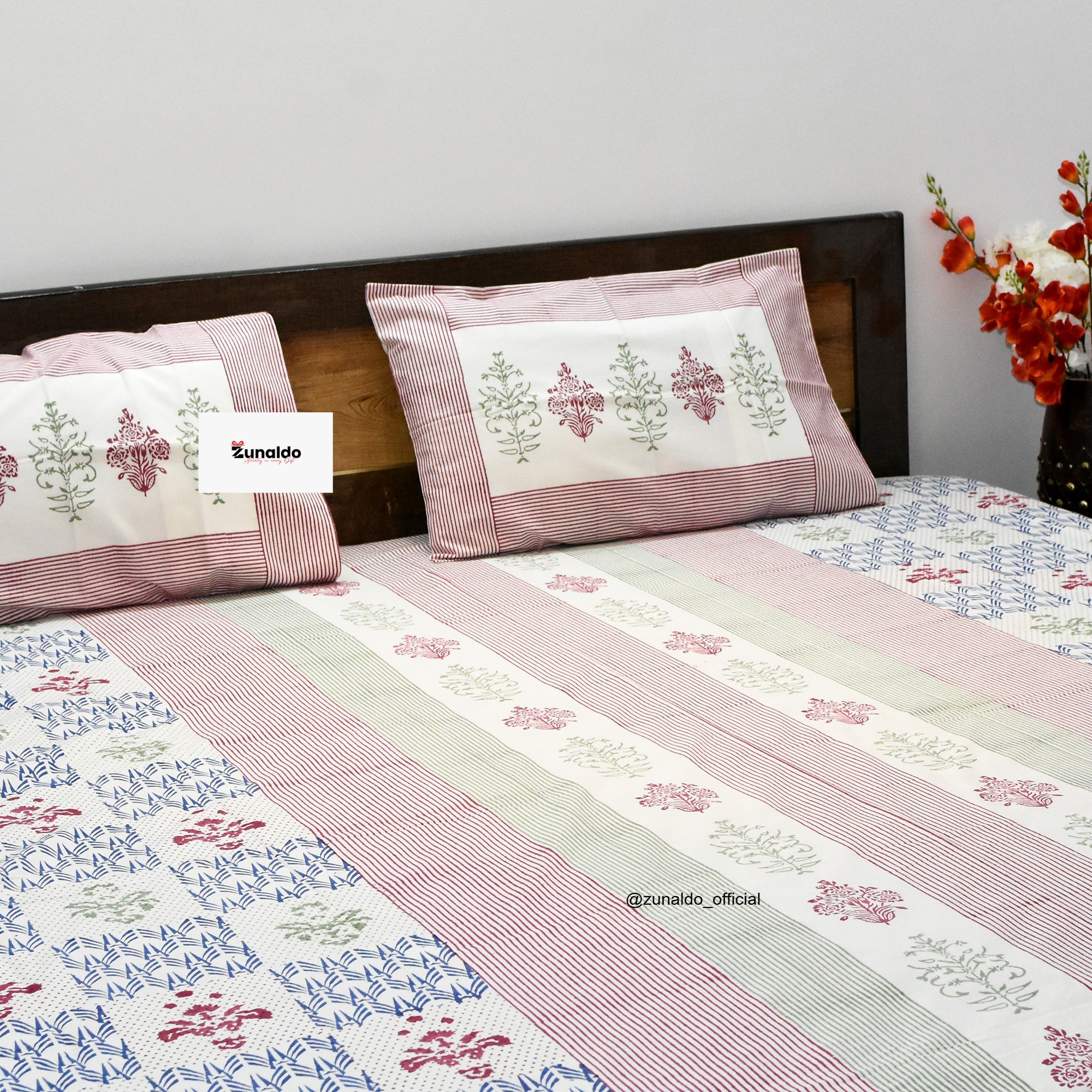 Multicolor Floral Striped Hand Block Cotton Bedsheet Set – King Size (90x108 Inch) with Pillow Covers