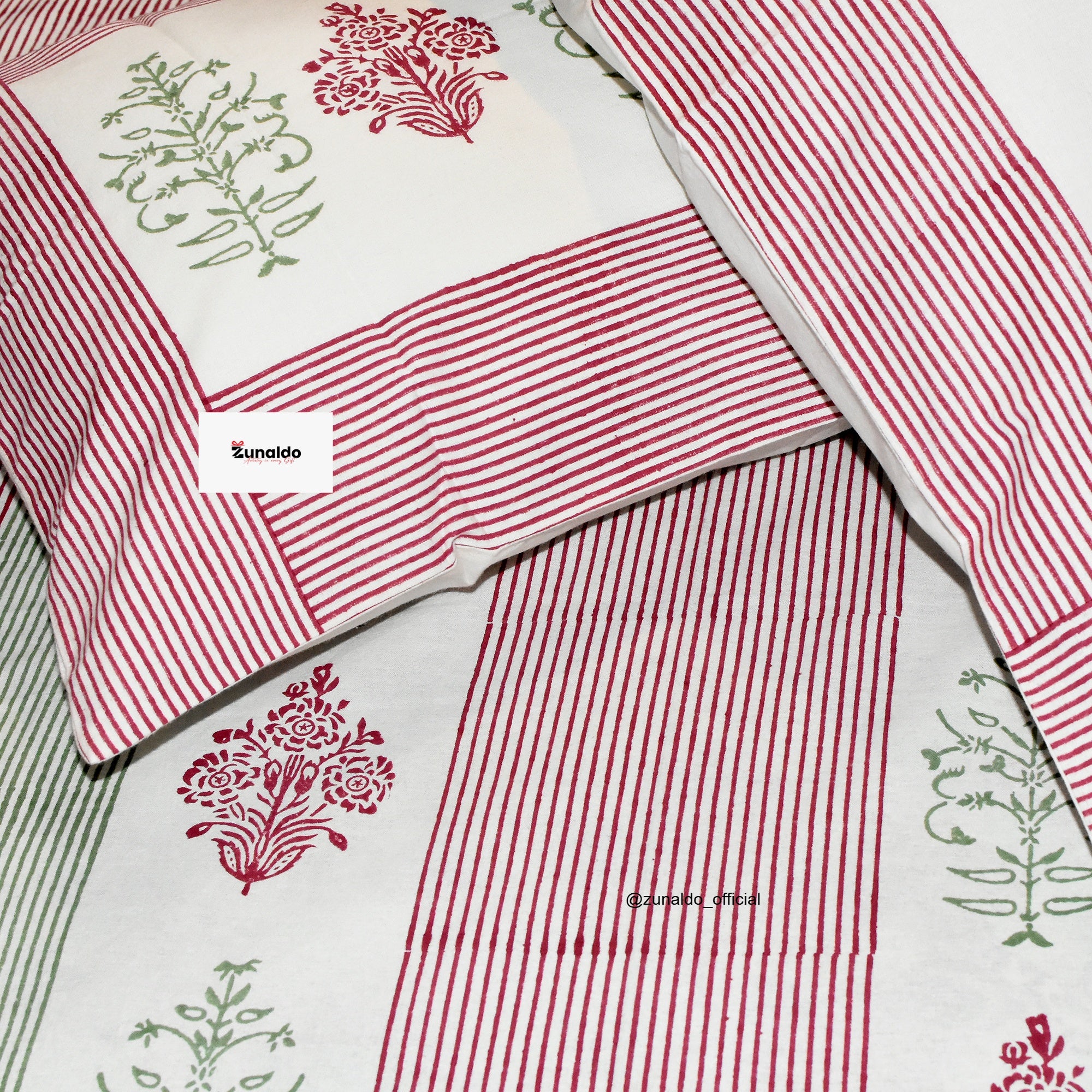 Multicolor Floral Striped Hand Block Cotton Bedsheet Set – King Size (90x108 Inch) with Pillow Covers