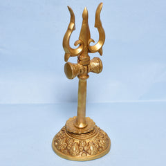 GOLDEN TRISHUL W/DAMROO ON RD FLOWER CARVED Size-5.25"