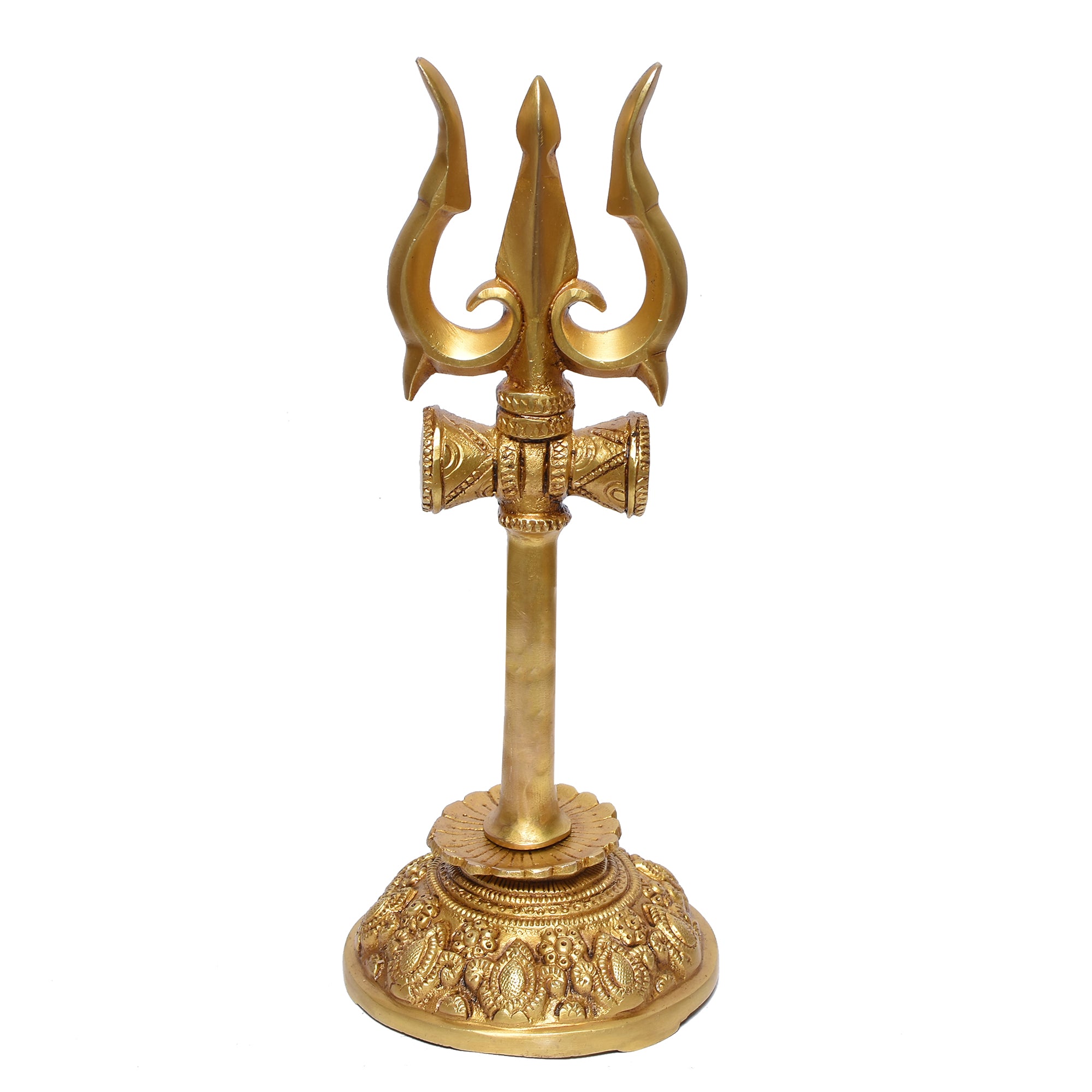 GOLDEN TRISHUL W/DAMROO ON RD FLOWER CARVED Size-5.25"