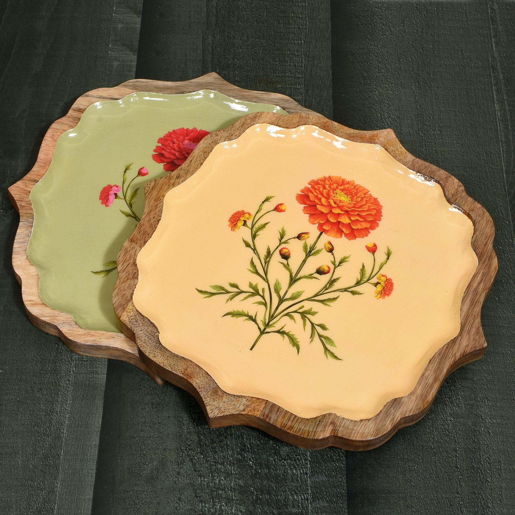 Yellow & Green Wooden Enamel Tray set of 2 Combo  – 10" & 10"