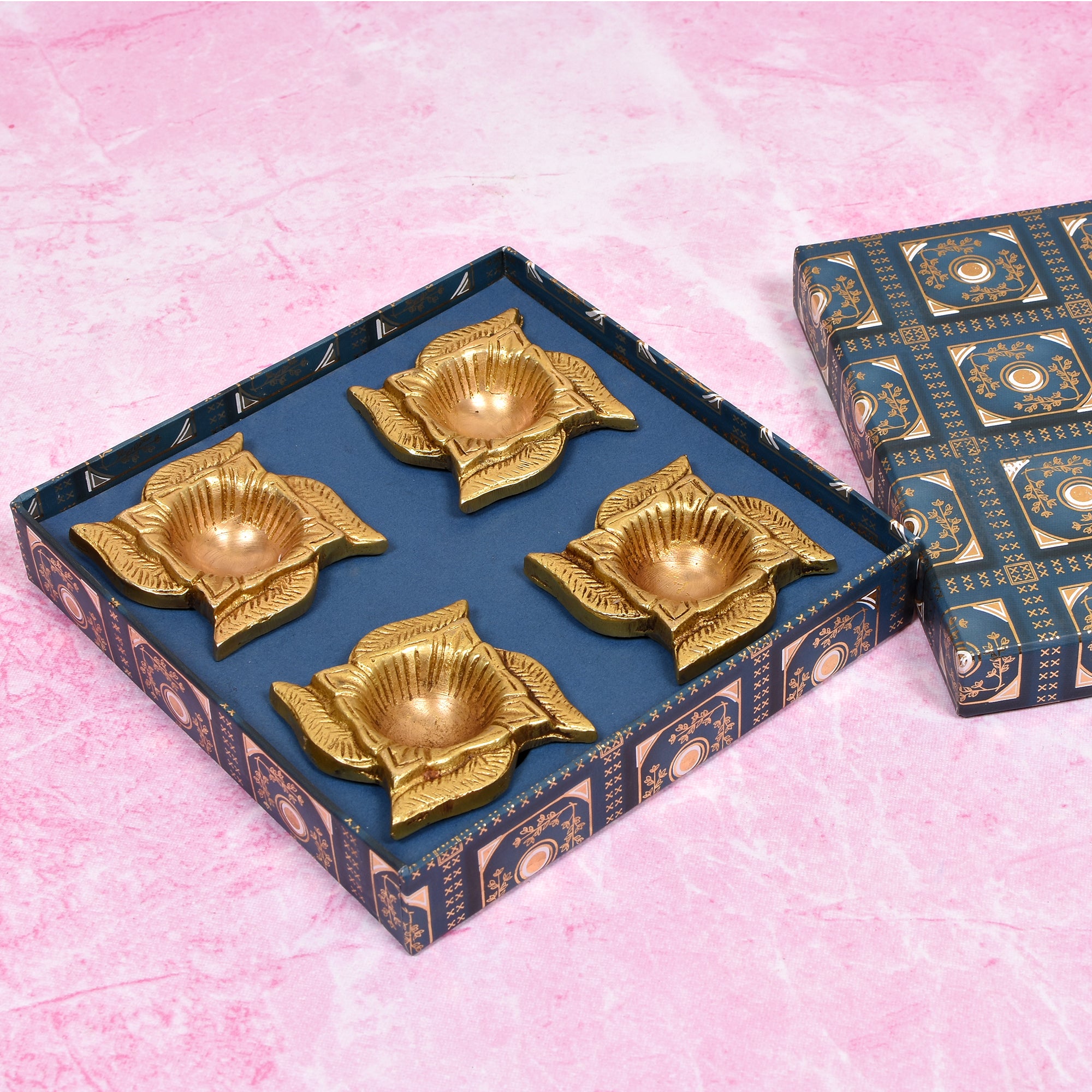 Brass Swastik Diya Gift Set – 4-Piece Floral Oil Lamps in Gift Box 2.5(inch)