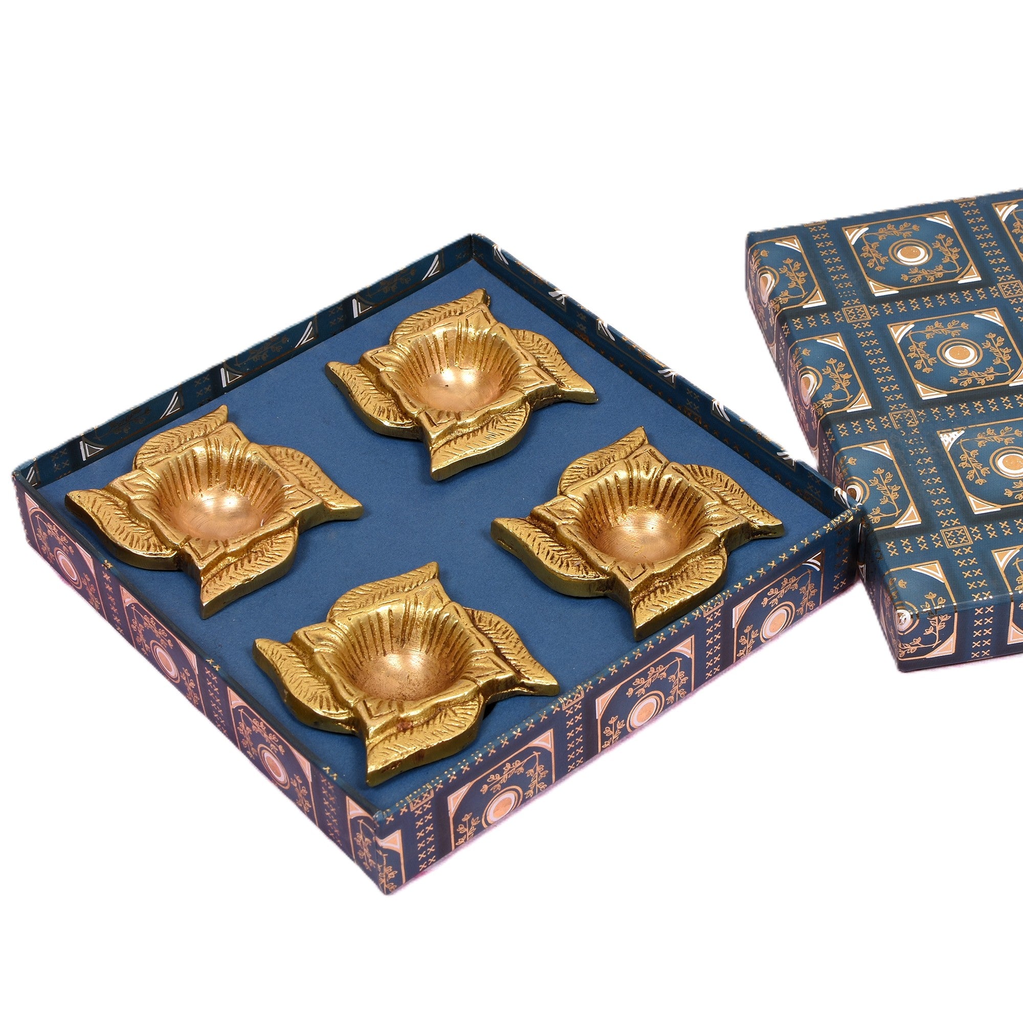 Brass Swastik Diya Gift Set – 4-Piece Floral Oil Lamps in Gift Box 2.5(inch)