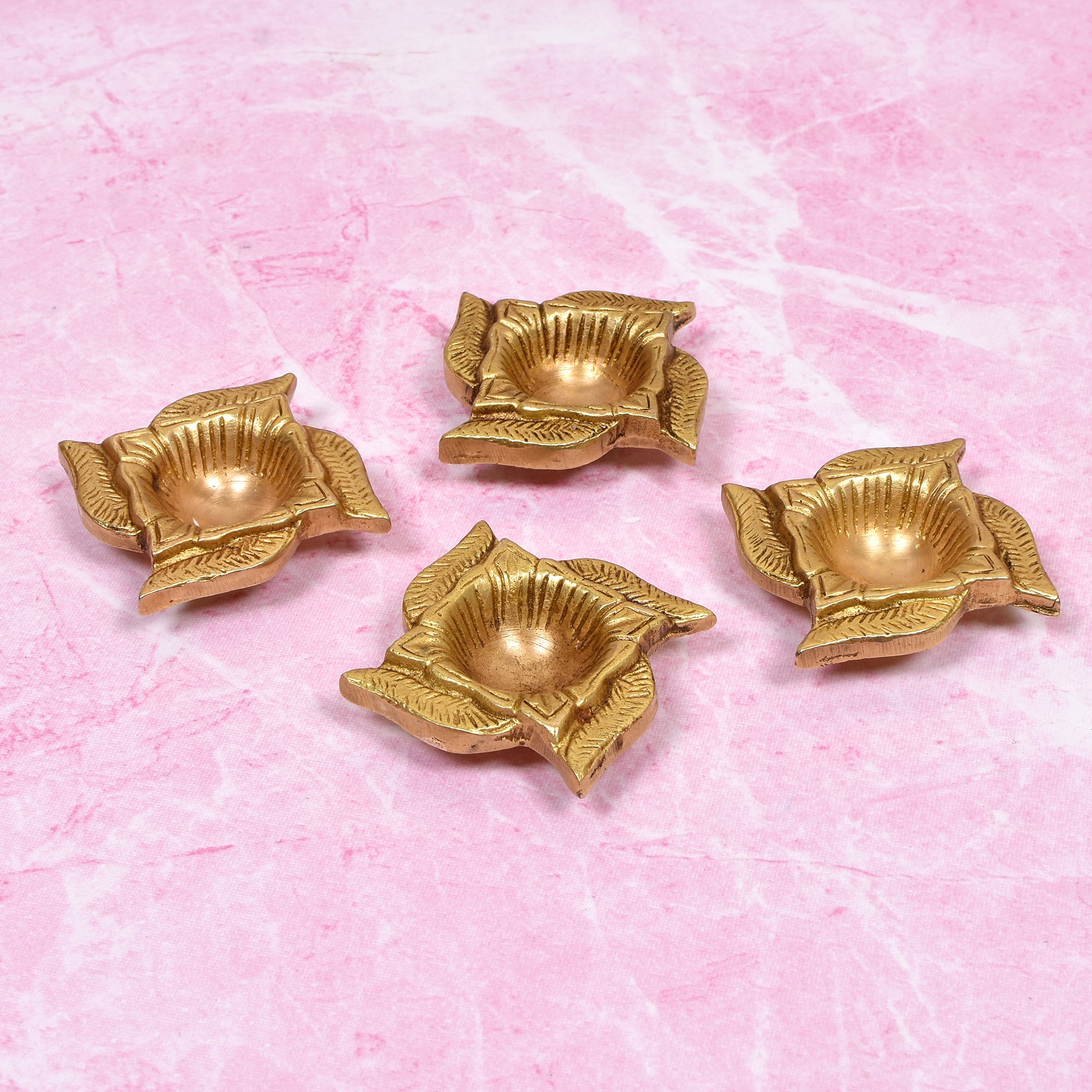 Brass Swastik Diya Gift Set – 4-Piece Floral Oil Lamps in Gift Box 2.5(inch)