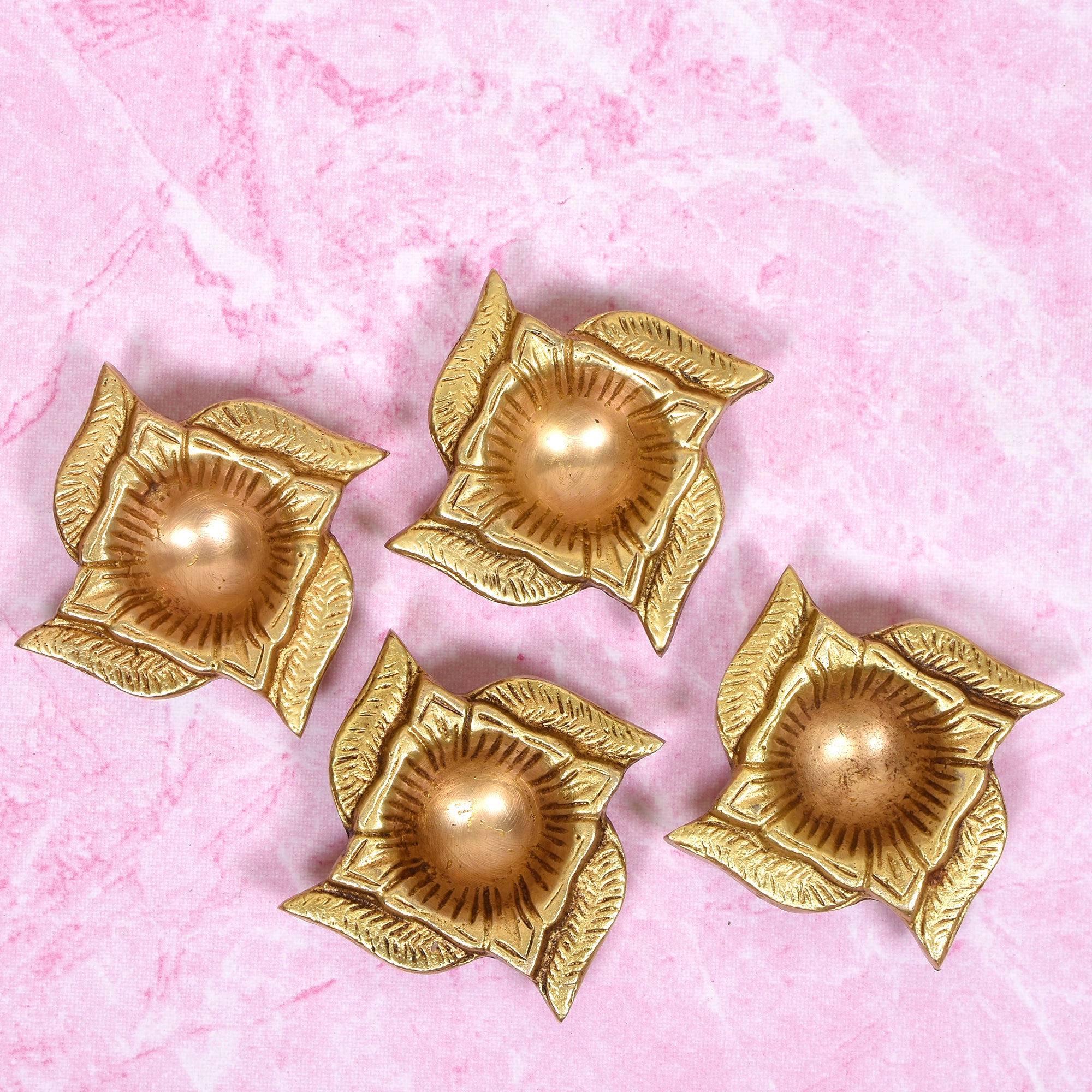 Brass Swastik Diya Gift Set – 4-Piece Floral Oil Lamps in Gift Box 2.5(inch)