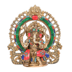 Brass  Ganesha Idol with Designer Halo Ring 9"