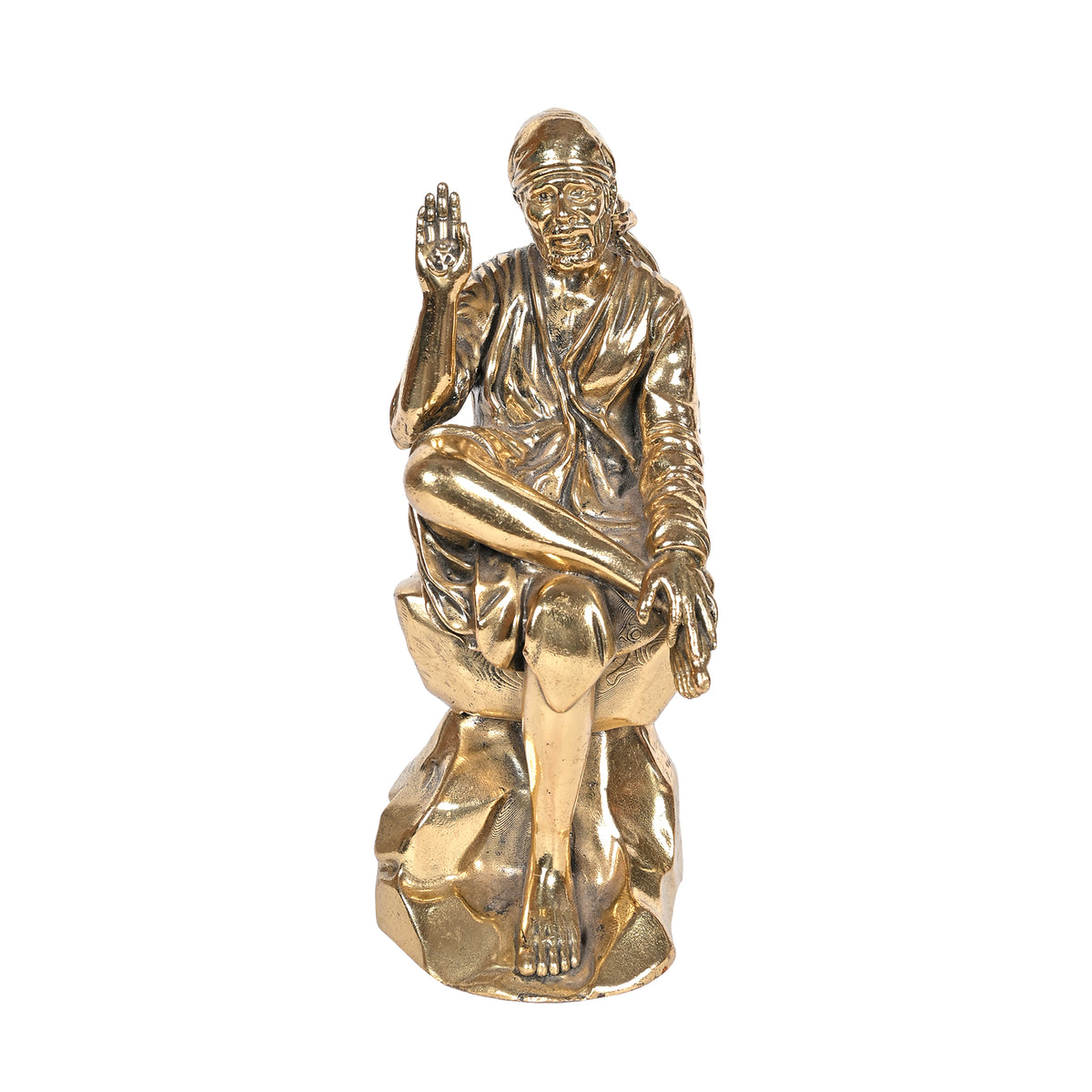 Brass Sai Baba Sitting on Rock 5 Inch