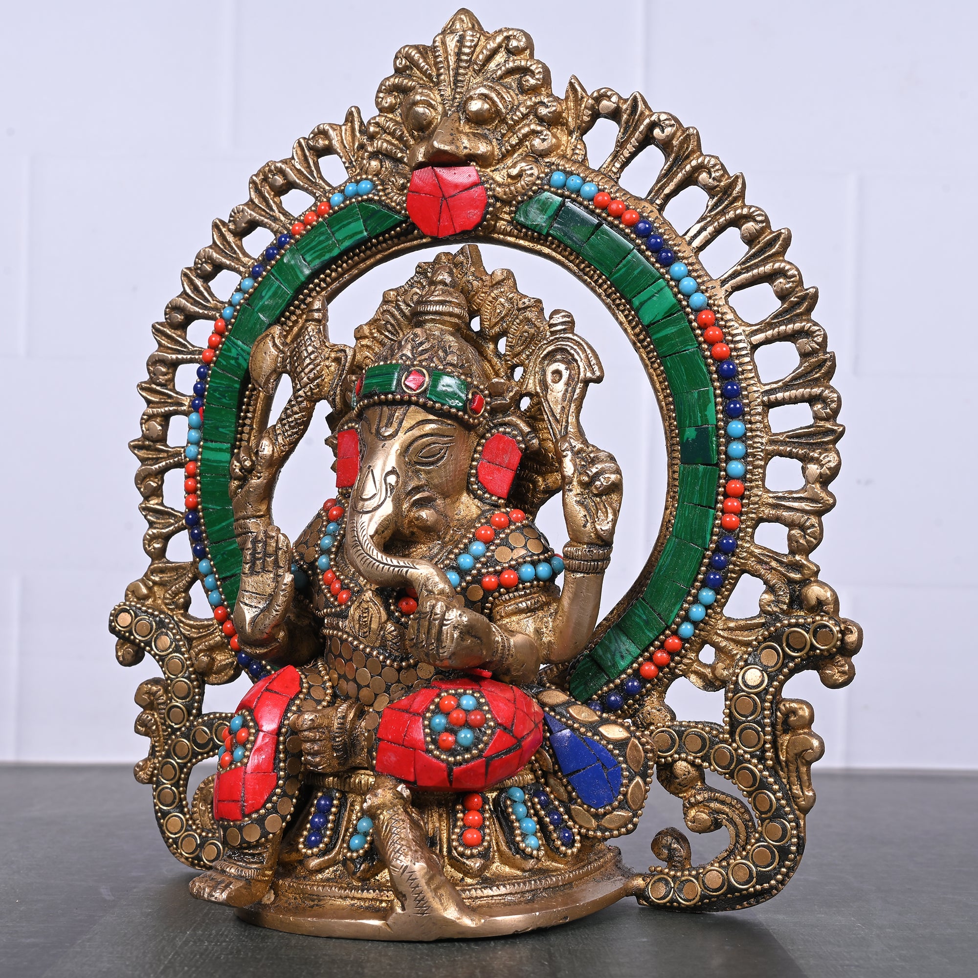 Brass  Ganesha Idol with Designer Halo Ring 9"