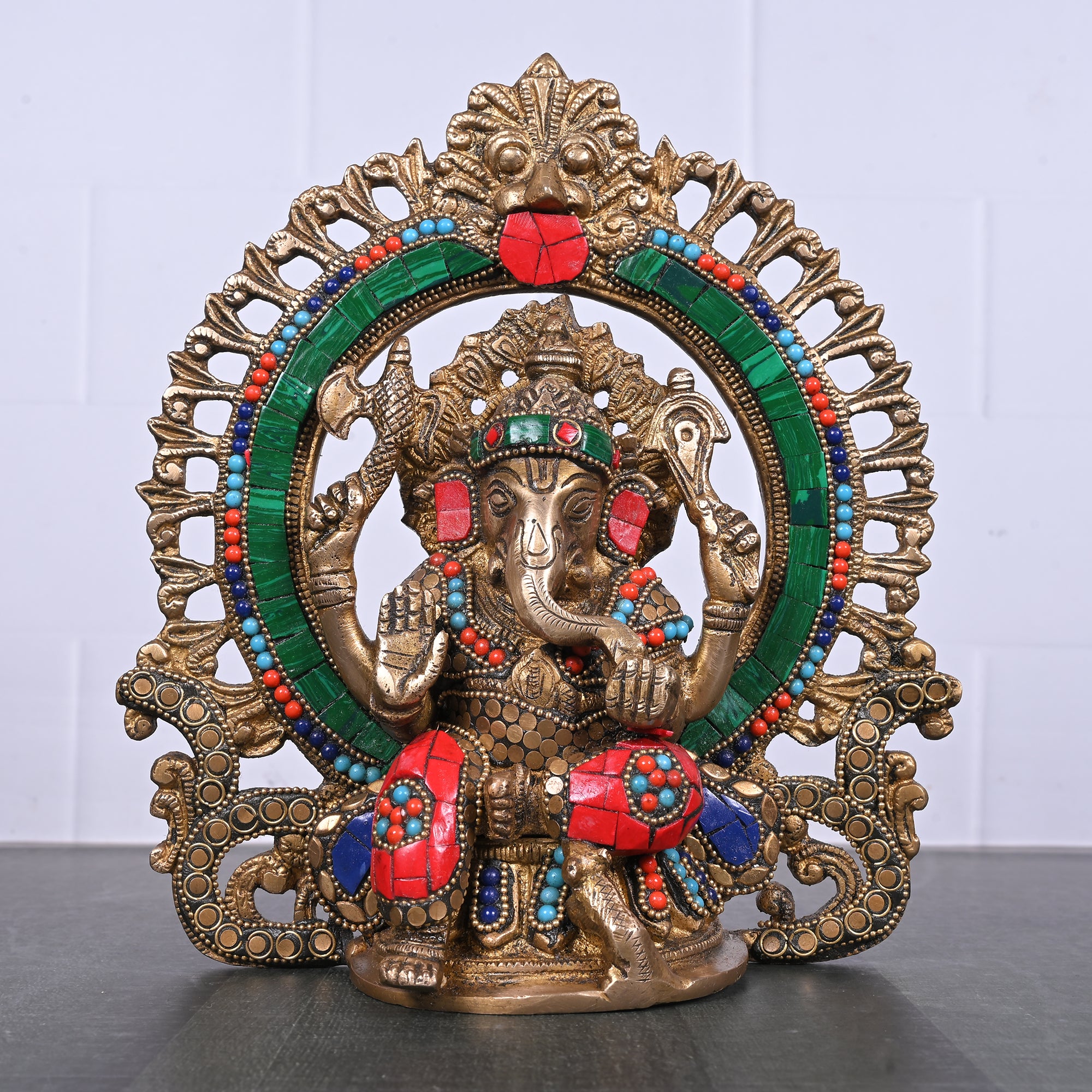 Brass  Ganesha Idol with Designer Halo Ring 9"