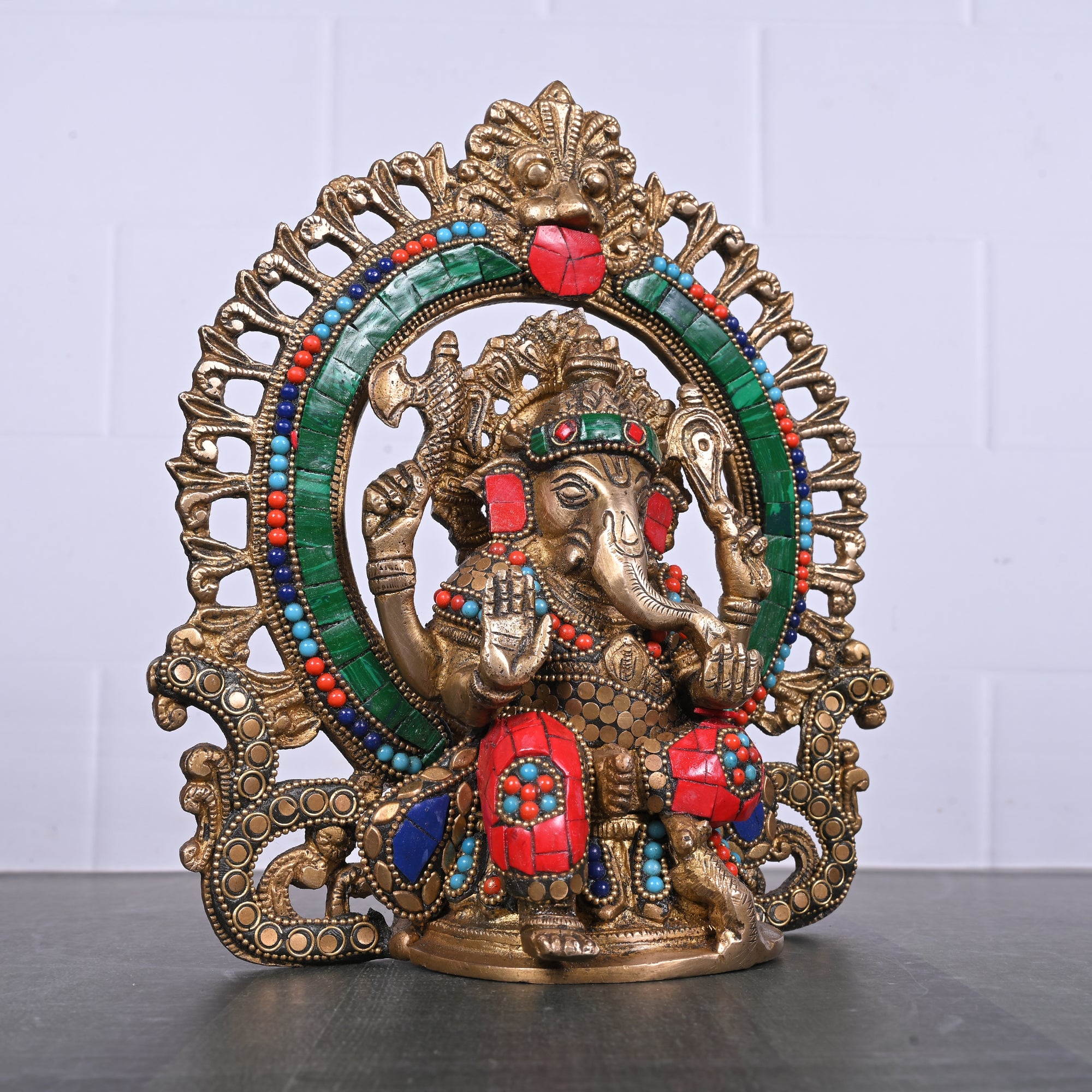 Brass  Ganesha Idol with Designer Halo Ring 9"