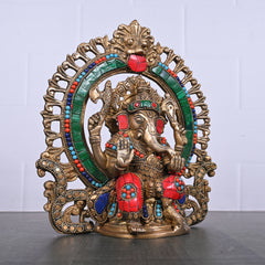 Brass  Ganesha Idol with Designer Halo Ring 9"
