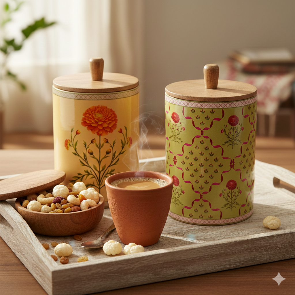 Floral Ceramic Storage Jar with Wooden Lid – Marigold & Botanical Motifs | 4"x5"