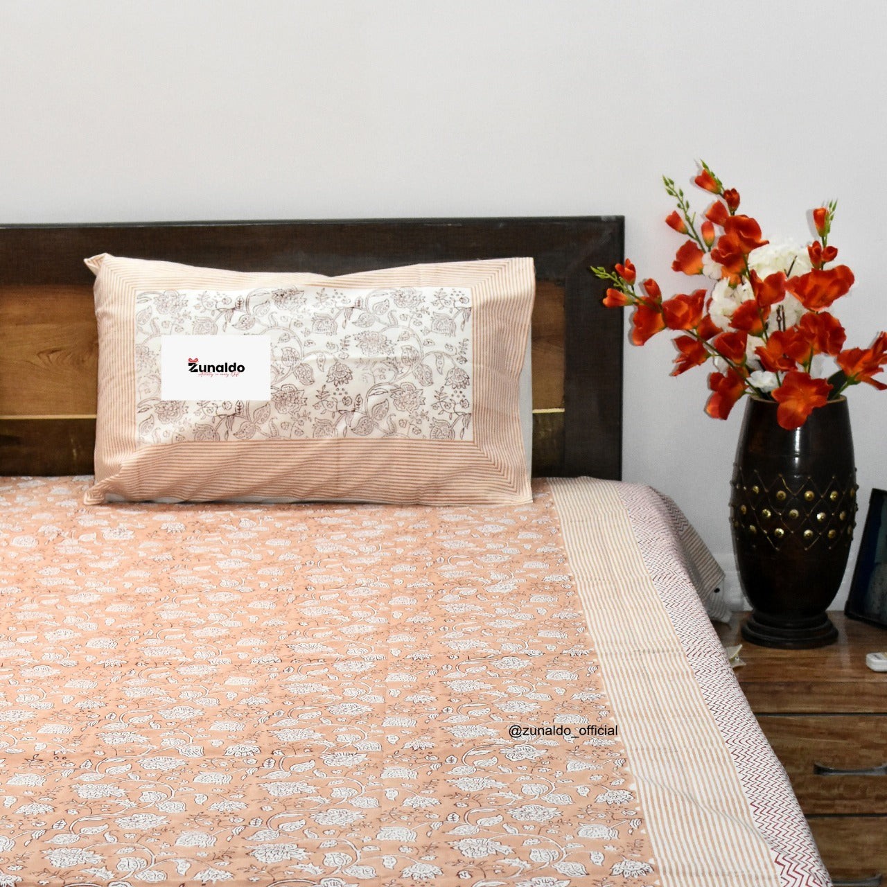 Peach Floral Hand Block Print Cotton Bedsheet Set – King Size (90x108 Inch) with 2 Pillow Covers