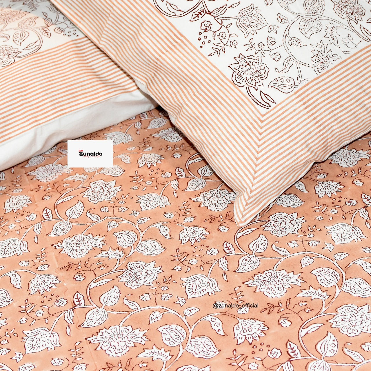 Peach Floral Hand Block Print Cotton Bedsheet Set – King Size (90x108 Inch) with 2 Pillow Covers