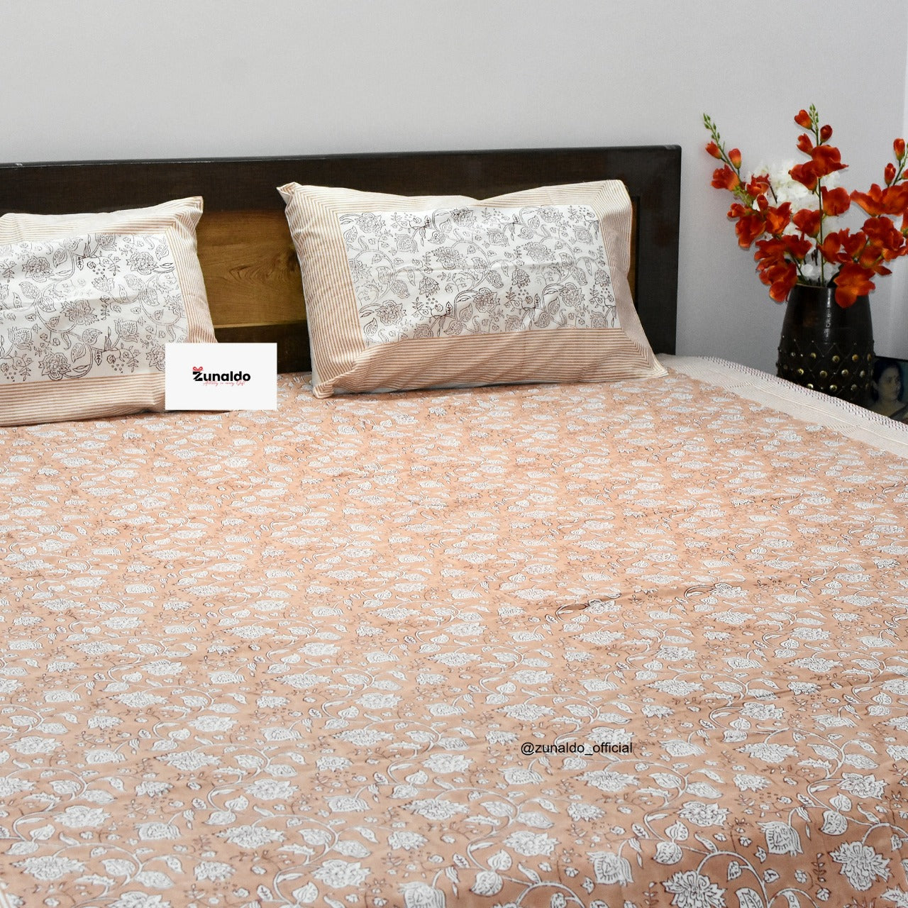 Peach Floral Hand Block Print Cotton Bedsheet Set – King Size (90x108 Inch) with 2 Pillow Covers