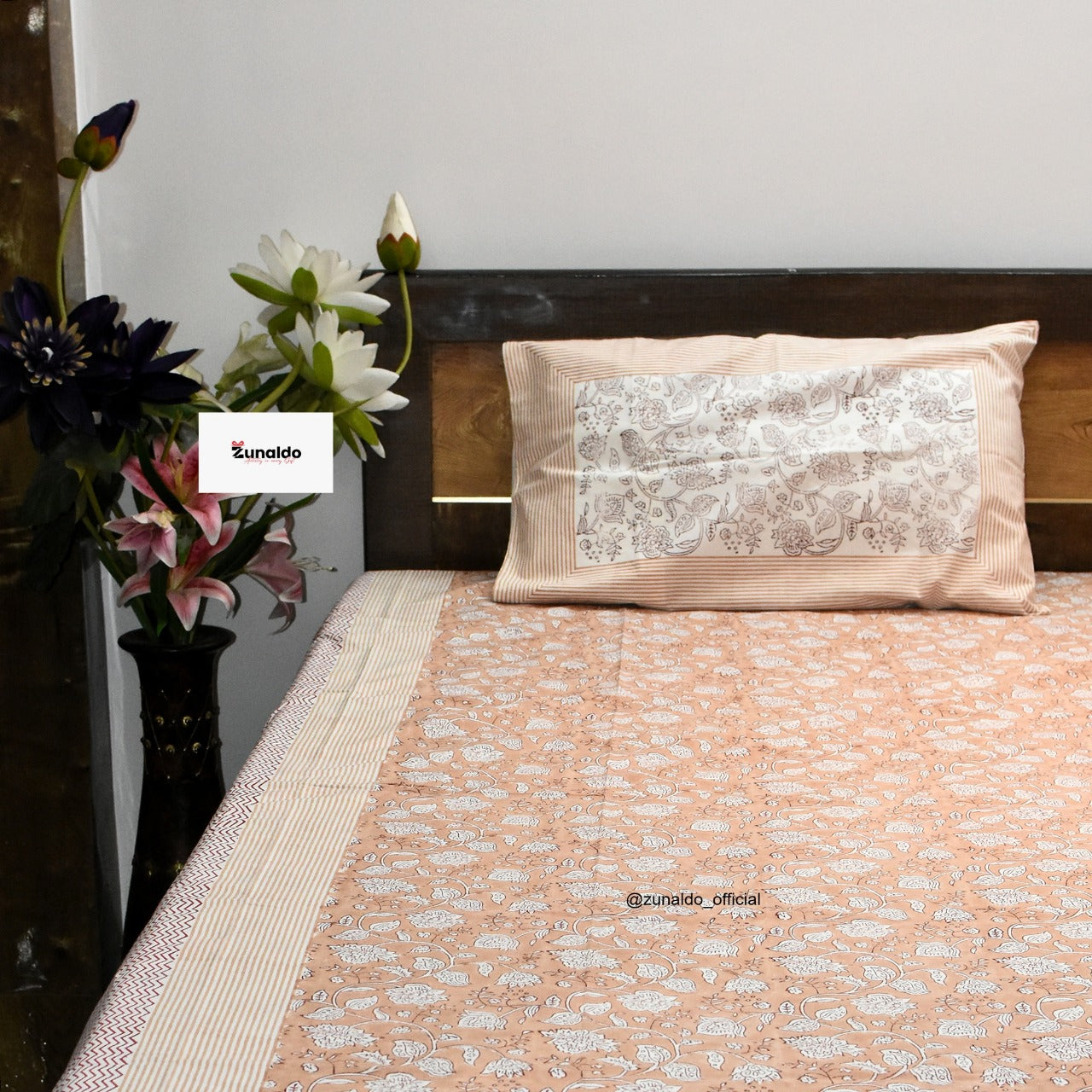 Peach Floral Hand Block Print Cotton Bedsheet Set – King Size (90x108 Inch) with 2 Pillow Covers