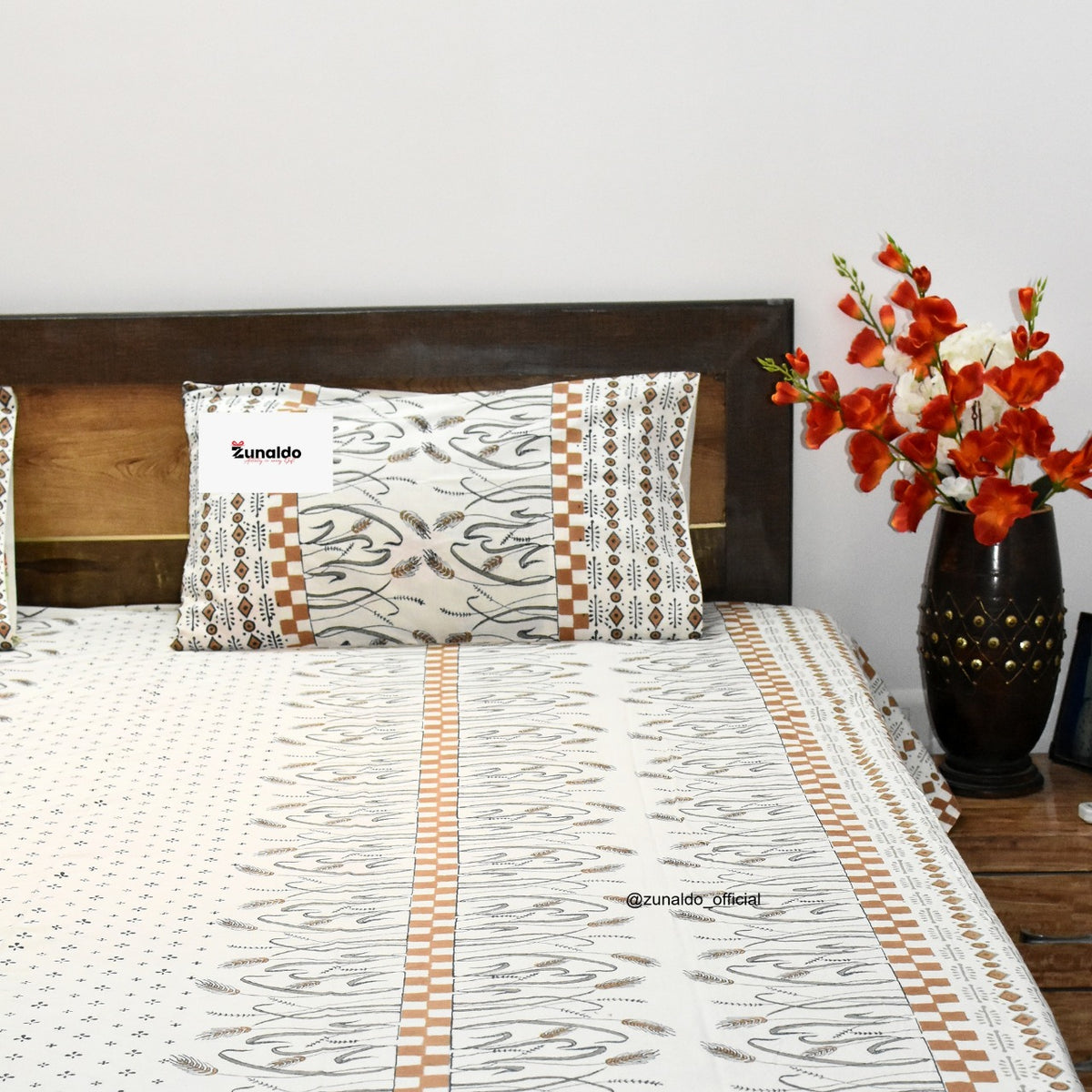 Pure Cotton Double Bedsheet – Wheat Motif Hand Block Print with Pillow Covers