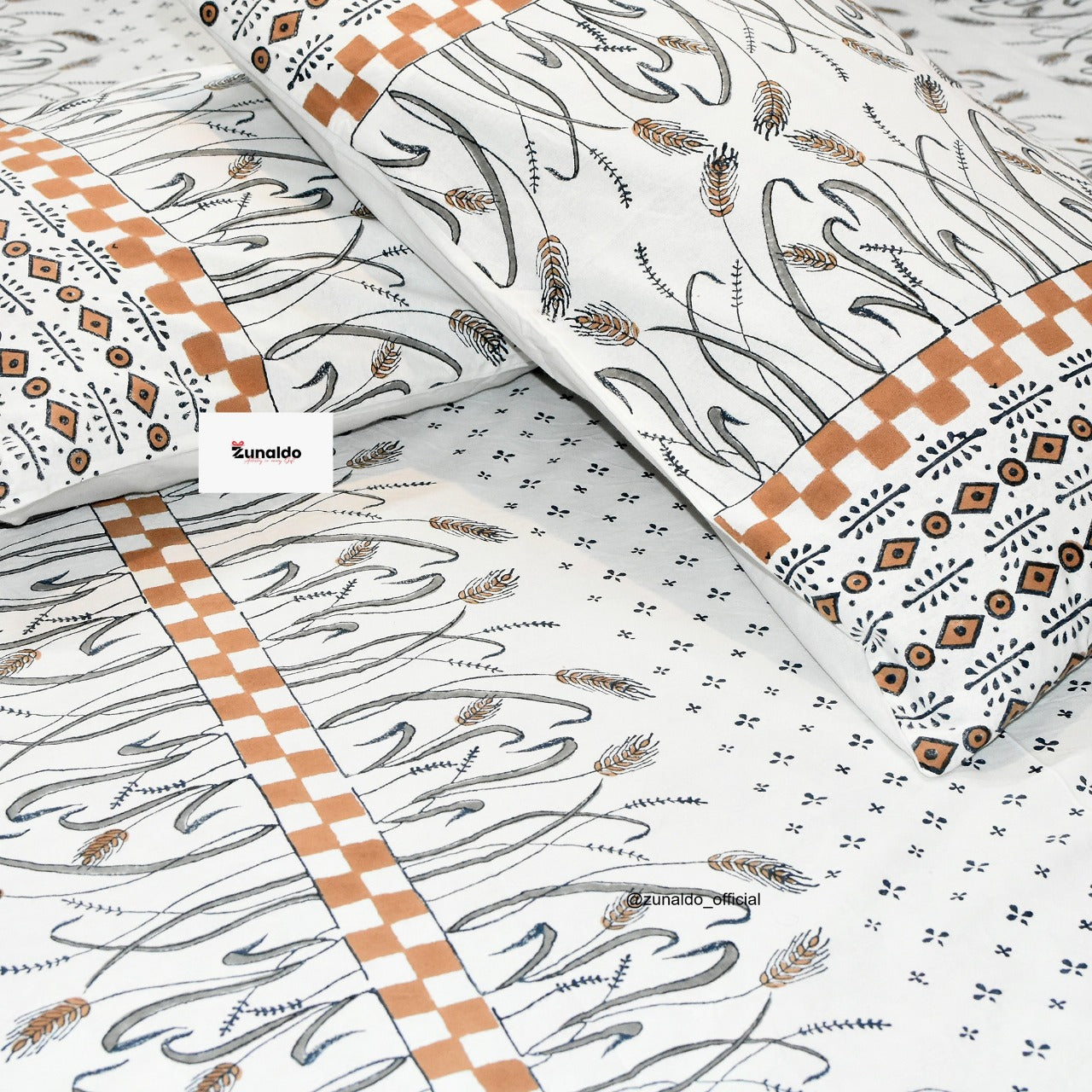 Pure Cotton Double Bedsheet – Wheat Motif Hand Block Print with Pillow Covers